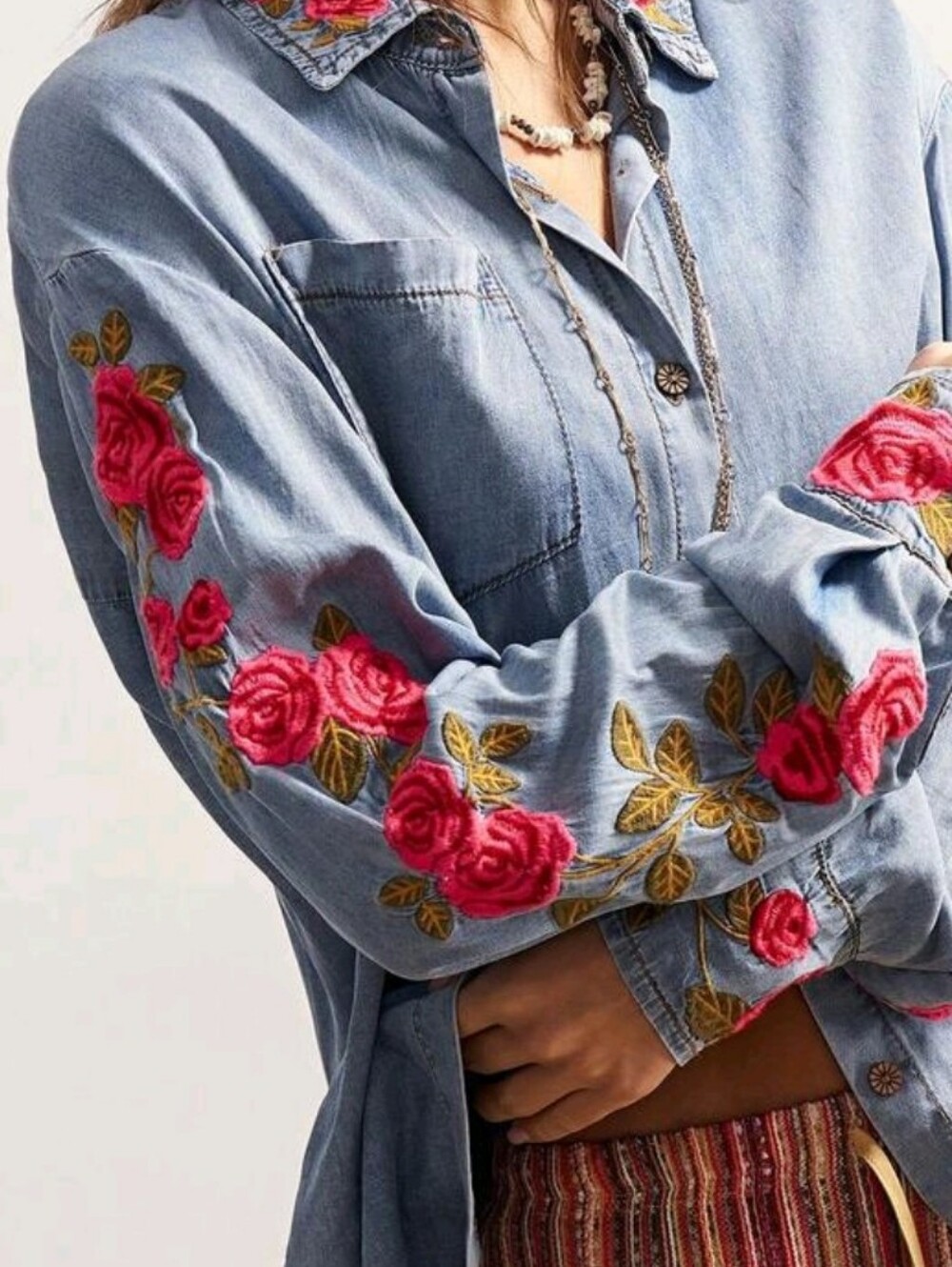 New Boho Embroidered Rose Floral Button Down Shirt Blue Denim Red Pink Green - Picture 6 of 11